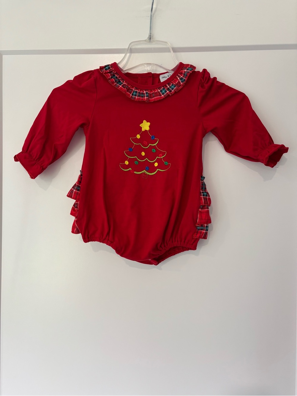 Abby & Evie Boutique Christmas Tree Long Sleeve Ruffle Bubble Romper 18m